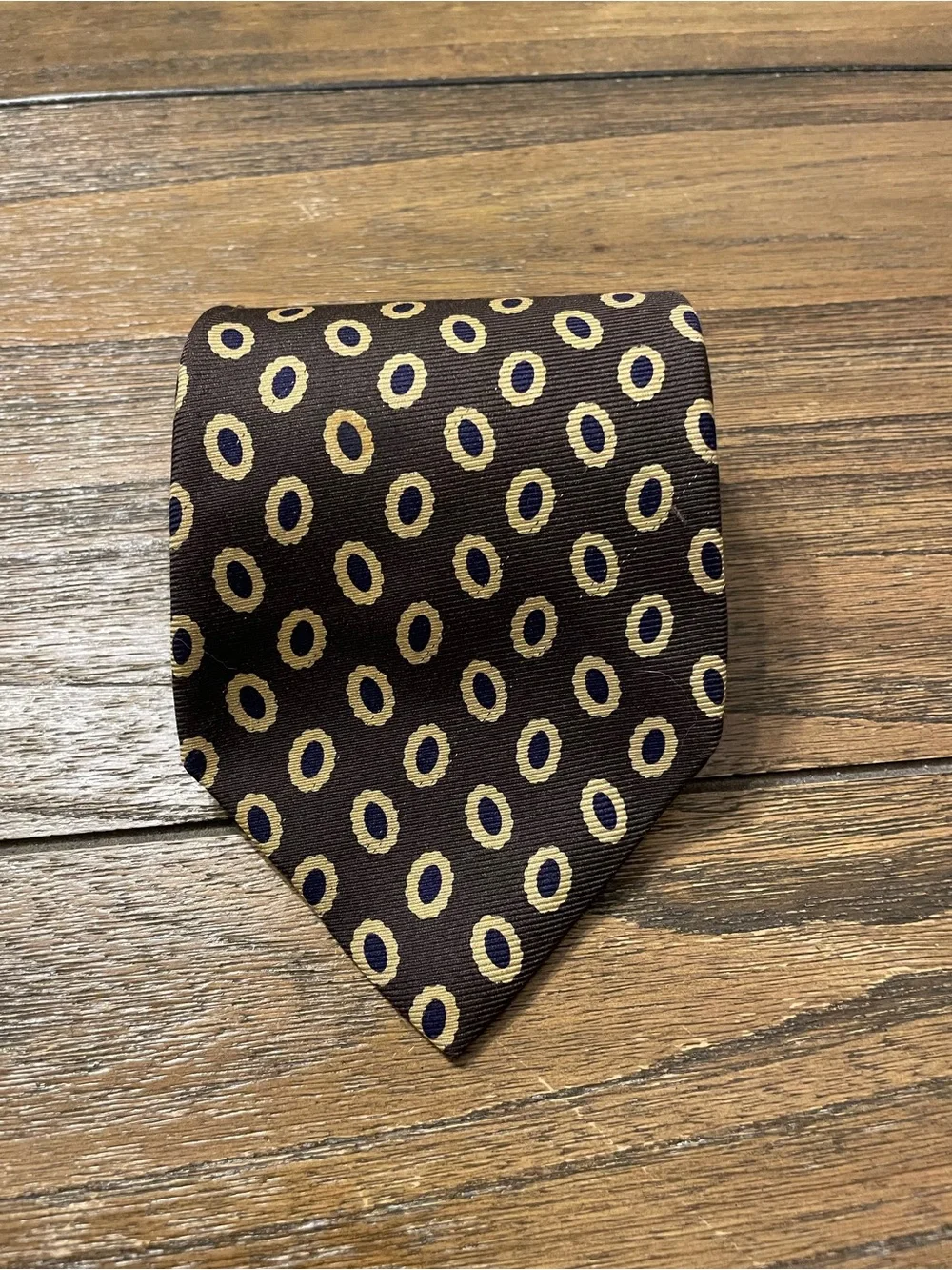 Vintage 90s J.Crew 100% Silk Tie Hand Made in USA Brown Navy Gold Geometric